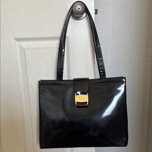 Salvatore Ferragamo Vera Black Patent Shoulder Tote Bag EUC